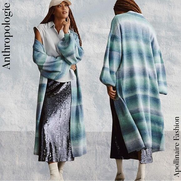 ANTHROPOLOGIE OMBRÉ CARDIGAN STRIPED BLUE GREEN COMBO SWEATER ONE SIZE NWT - Picture 1 of 9